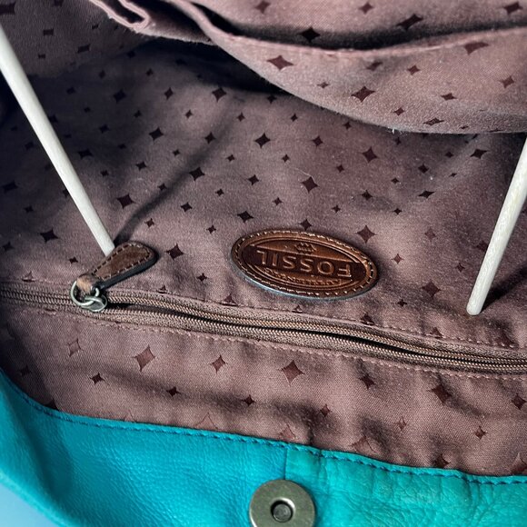 FOSSIL 2 TONE LEATHER AQUA/TEAL SHOULDER BROWNLEATHERBAG W/BRASS TONE HARDWARE - Picture 8 of 12